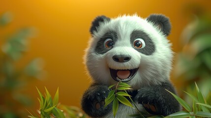Obraz premium Adorable cartoon panda cub happily eating bamboo leaves.