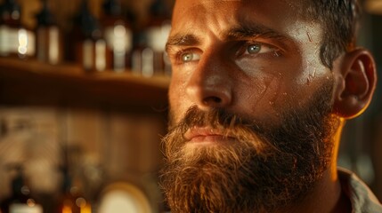 Portrait closeup young bearded man with sweat face, expression and emotion, eyes and facial, one person, facial masculintity and skin wrinkled.
