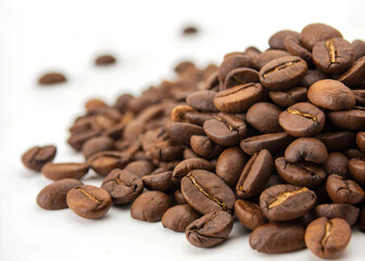 Pile coffee beans on white background.