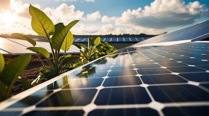 Solar panels under sunlight in a cloudy day with green leaves of plants next to them, sun energy to electricity, environment friendly energy sources