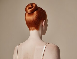 Red head woman back view with beautiful and unique hair style, modeling and fashion
