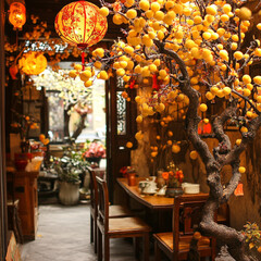 Vietnamese restaurant,  season.  yellow apricot tree.