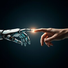 Artificial Intelligence Robot Hand Reaching Out to Touch Human Hand with Network Connectivity Future of Technology generated Ai