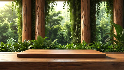 Nature Inspired Wooden Table Amidst Lush Greenery Presents Product Placement Podium Through 3d Rendering Background