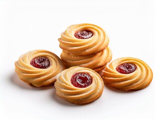 Fototapeta premium A group of spiral-shaped biscuit cookies filled with jam, isolated on a white background, emphasizing their delicate design and vibrant filling.