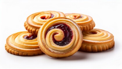 Fototapeta premium A group of spiral-shaped biscuit cookies filled with jam, isolated on a white background, emphasizing their delicate design and vibrant filling.