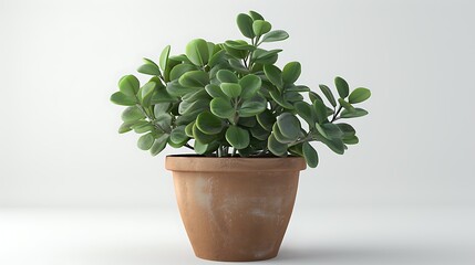 Fototapeta premium Potted jade plant with thick round leaves on white.
