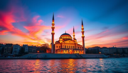 Fototapeta premium Illuminated Mosque at Sunset Over Water Cityscape