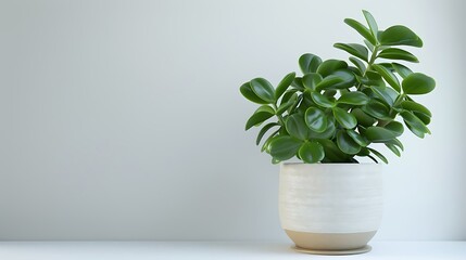 Potted jade plant with thick round leaves on white.