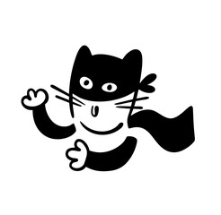 Funny cat in a black hero mask and cape saves the world. Vector illustration of a pet from a cartoon. Isolated cartoon character on white background.