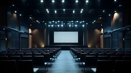 Inside a conference hall, the hall features a sleek, modern design with high ceilings, glass walls, and warm, ambient lighting