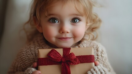 Adorable Girl Holding a Gift in Cozy Winter Outfit