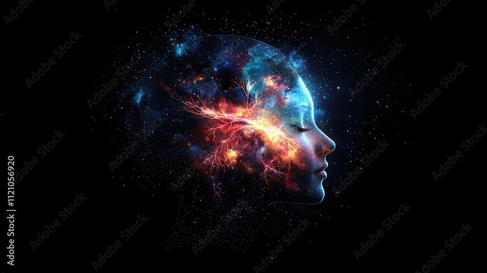 Poster illuminated profile view of head with glowing neurological patterns in cosmic space