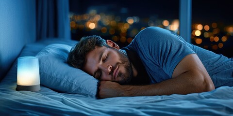 Sleep Hygiene concept, A man peacefully sleeps in a dimly lit bedroom, illuminated by a soft lamp, with a city skyline visible through the window.