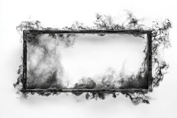 Abstract black smoke elegantly swirls around an empty rectangular frame against a stark white background, creating a mysterious and artistic visual effect.