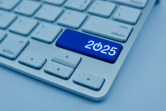 2025 start up business flat icon on modern computer keyboard button, Happy new year 2025 online concept