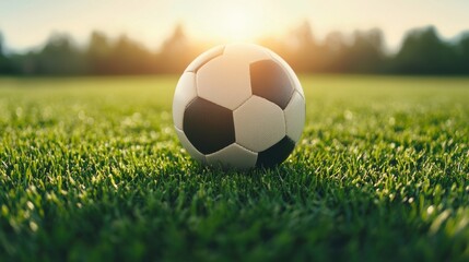 A close-up of a soccer ball resting on lush green grass, illuminated by warm sunlight, capturing the essence of outdoor sports and play.