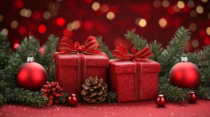 Red christmas background with fir tree ornaments, holiday gifts, and festive decorations for the season of giving, perfect for seasonal celebrations, winter holidays, and christmas-themed content.


