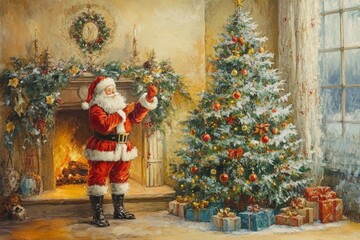 Santa Claus Prepares the Tree for Christmas Eve.