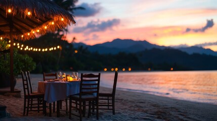 Fototapeta premium Romantic Beach Dinner under the Stars with Fairy Lights and Ocean Waves Sounds