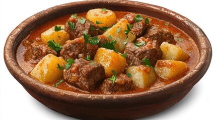 A hearty dish of beef stew with potatoes, garnished with fresh herbs.
