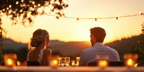 couple enjoying romantic sunset dinner with candles and drinks