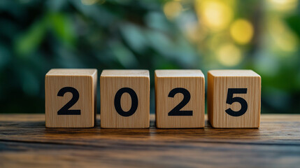 Close-up of Wooden Blocks Forming the Year '2025' with a Blurred Green Background