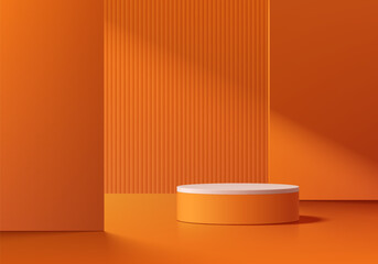 3D orange cylindrical podium background with light shadow orange wall scene. Minimalist 3D mockup pedestal. Abstract stand product display presentation, Stage for showcase. Vector platforms design.