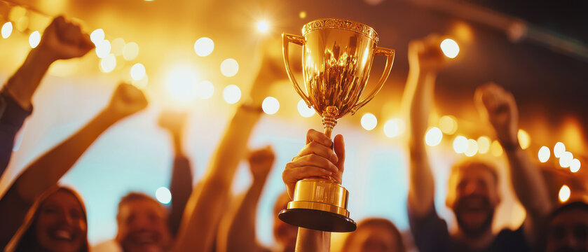 Celebrating victory with gold trophy raised high in joyful atmosphere