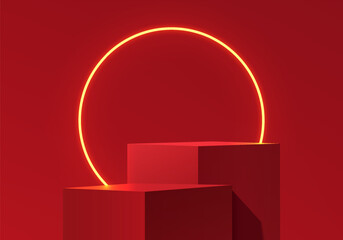 3D red cube podium background with glow neon lighting, Christmas wall scene. Minimalist mockup pedestal. Abstract stand product display scene presentation, Stage for showcase. Vector platforms design.