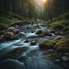 A sparkling mountain stream winding through a forest.

