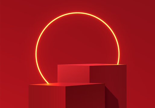 3D red cube podium background with glow neon lighting, Christmas wall scene. Minimalist mockup pedestal. Abstract stand product display scene presentation, Stage for showcase. Vector platforms design.