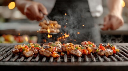 Street Food Style, Grilling Delicious Meat with Colorful Vegetables and Smoke in Outdoor Kitchen