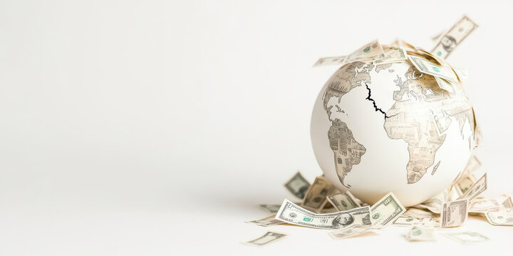 globe with cracks and money surrounding it, symbolizing economic issues