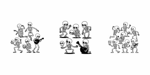 Skeleton dance. Vector set of funny characters in different poses. Creepy skeletons, dead personages dancing, squatting, juggling skull, and playing, animation sequence frame, game sprite