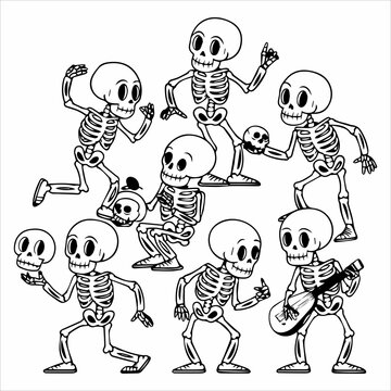 Skeleton dance. Vector set of funny characters in different poses. Creepy skeletons, dead personages dancing, squatting, juggling skull, and playing, animation sequence frame, game sprite