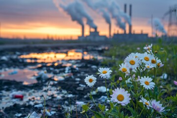 Daisies bloom amidst pollution and industrial waste, highlighting contrast between nature and environmental degradation at sunset, scene representing fragility of ecosystems amidst human impact