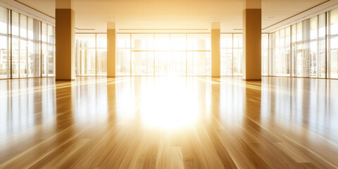 Obraz premium Bright empty retail space with open floor plan and wooden flooring