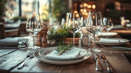 Elegant rustic table setting with wine glasses and rosemary sprig. Perfect for restaurant, food, or fine dining themes.