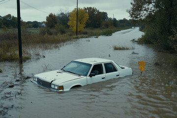 A stranded car surrounded by floodwater on a rainy day with ample copy space. 