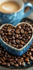 Fototapeta premium Artistic Closeup of Coffee Beans Kitchen Table Photography Warm Environment Macro View Heart-Shaped Concept