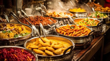 Fototapeta premium A buffet table laden with various delicious and steaming hot Ind
