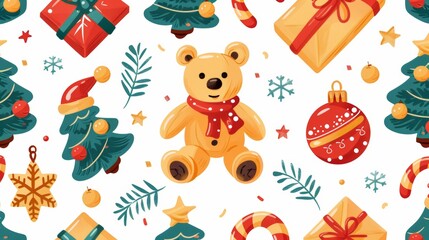 Fototapeta premium Charming horizontal seamless design featuring hand drawn watercolor illustrations of children s toys
