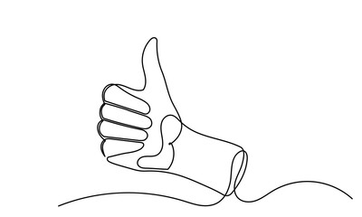 continuous line drawing of Thumb up a finger. Hand showing like and a great sign Satisfaction customer concept. ok hand gesture hand drawn isolated on white background.