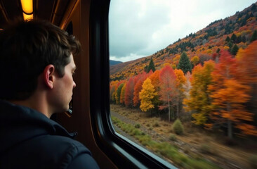 Traveler admires autumn vibrant colors from a train through a stunning mountainous landscape