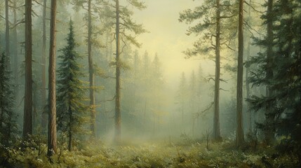 Misty forest scene with tall pine and fir trees, sunlight filtering through the canopy.