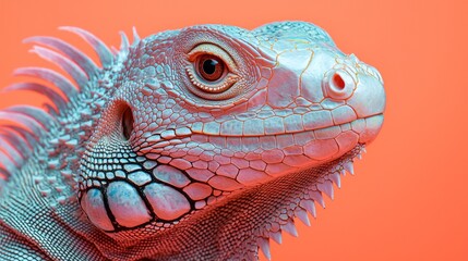 Obraz premium A striking green iguana exhibits its textured skin and vivid colors, basking in warm hues of the background while capturing the essence of tropical life in a magnificent display of nature’s artistry