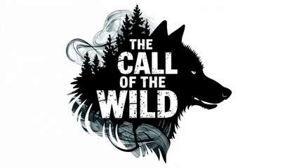 Black and White Wolf Head Illustration with Smoke Forest Background and 'THE CALL OF THE WILD' Typography