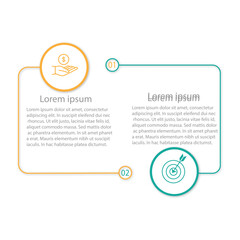 Business info template. 2 Steps timeline journey. Process diagram, 2 options on white background.
