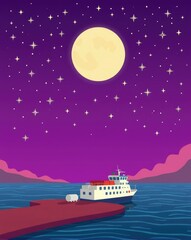 Harbor background at night under purple sky
